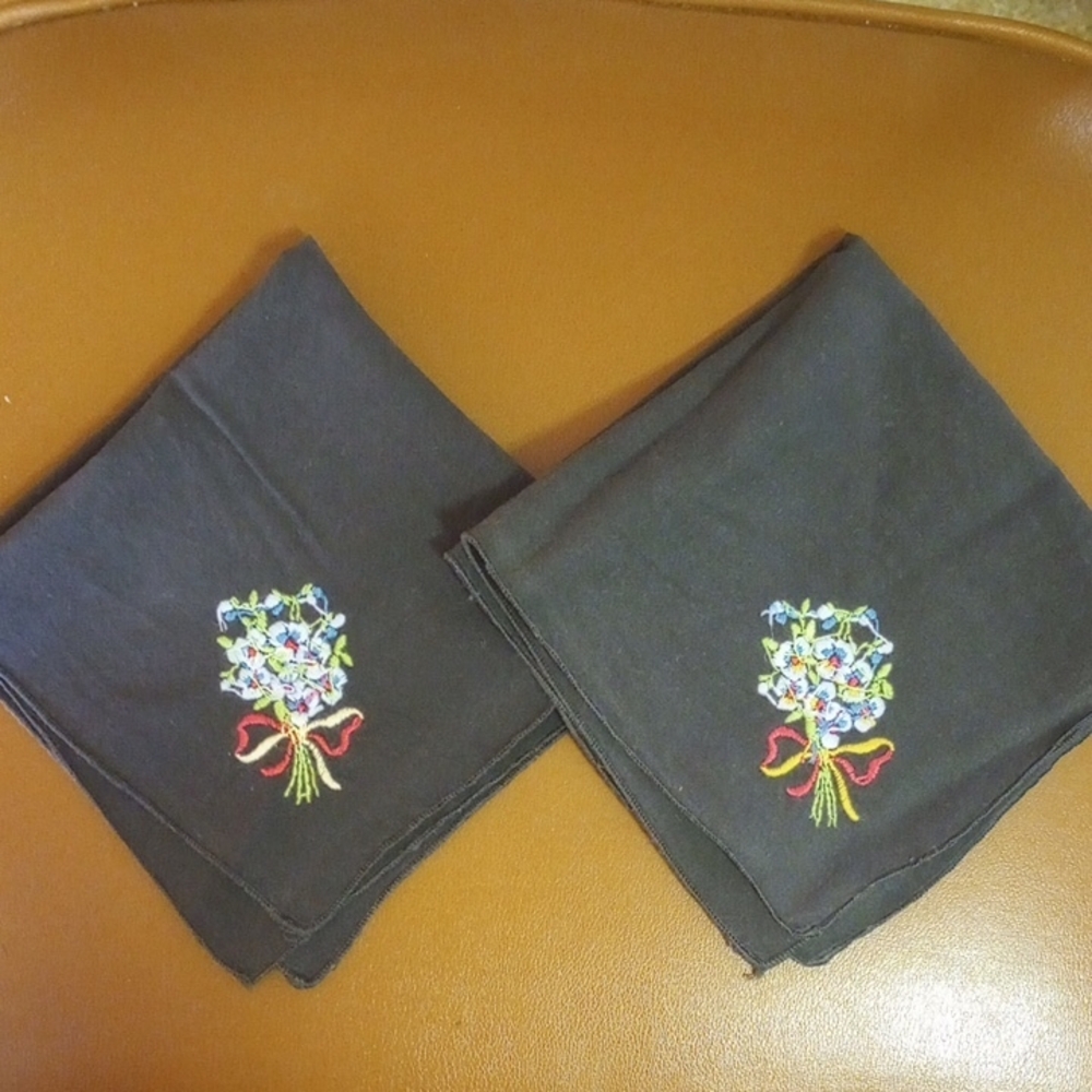 Set of 2 Embroidered Vintage Floral Handkerchiefs. Black Blue Green Red Yellow
